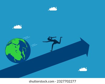 world economic problems. woman chasing the falling world