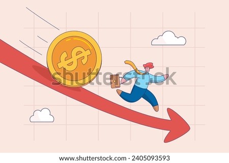 World economic recession concept. Global financial crisis or international stock market crash, investment asset fall down, decline, frustrated businessman investor run away from falling down dollar.
