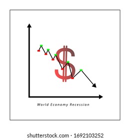 World economic recession concept: a graph showing downwards trend with dollar sign in red