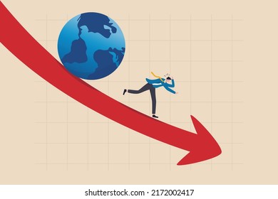 World Economic Recession, Global Financial Crisis Or International Stock Market Crash, Investment Asset Fall Down, Decline Concept, Frustrated Businessman Investor Run Away From Falling Down Earth.