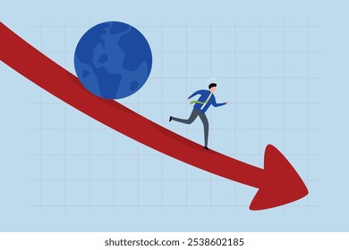 Recessão econômica mundial, investidor empreendedor estressado foge de despencar planeta. 