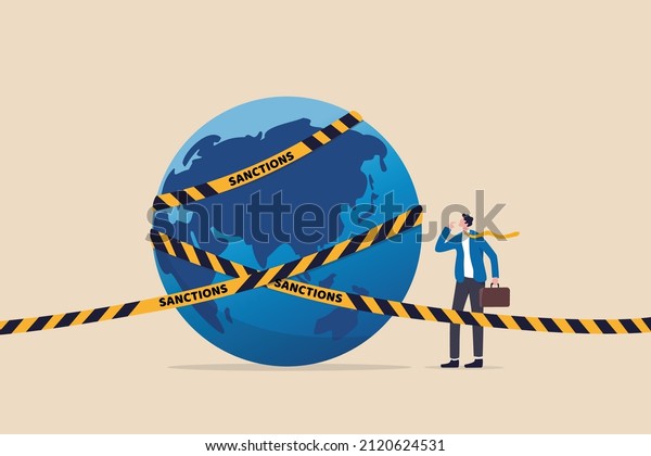 World economic sanctions, force country to\
obey international law by limit or stop trading concept,\
businessman look at planet earth world country with prohibited\
yellow tape with word\
sanctions.