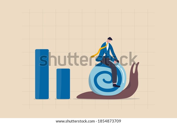 World economic slow down due to COVID-19\
Coronavirus pandemic, GDP growth slowly or decline in recession\
concept, depressed sad businessman riding slow walking snail on\
economic graph and\
chart.