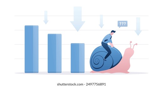 Die Weltwirtschaft verlangsamt sich, das BIP-Wachstum verlangsamt sich langsam oder die Rezession nimmt ab. Trauriger Geschäftsmann ohne Gewinn oder Ergebnis. Depressive Anleger reiten langsam Schnecke auf fallenden wirtschaftlichen Graph und Chart. flacher Vektor