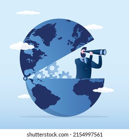 World economic vision. Confident businessman sits in the globe and looks through binoculars. Global recruitment. International opportunity for business,  investment or work. Flat vector illustration