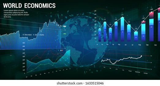 World economics concept with charts and 3D Earth Globe. Futuristic trading banner. Forex market. Financial investment and economic trends. Trade Platform. Vector illustration