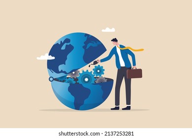 World economics or global and international financial treatment, fix inflation or help, support other countries to recover from crisis, fixing the world concept, businessman lubricate globe mechanics.