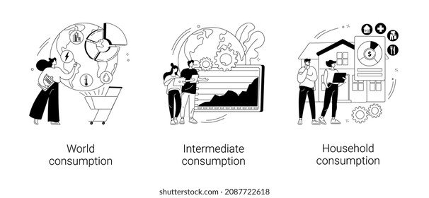 World economy abstract concept vector illustration set. World consumption, intermediate and household consumption, goods and services, global statistics agency, national accounts abstract metaphor.