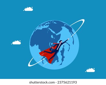 World economy. Business hero flies around the world