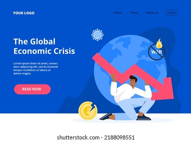 World economy crash or financial crisis. Coronavirus pandemic, wars, and conflicts in the modern world. A person tries to stop the collapse. Vector flat illustration from landing page or banner.
