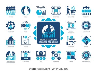 Conjunto de iconos de Economía Mundial. Gobierno, Finanzas, Comercio, Inversión, Consumo, Producción, Mercado Negro, Recursos. Iconos sólidos de color de duotono