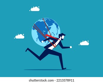 The world economy is progressing. businessman with a globe running forward