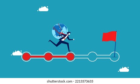 The world economy is progressing. businessman whose world runs on a progress bar