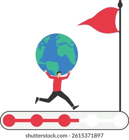 The world economy is progressing. businessman whose world runs on a progress bar stock illustration

