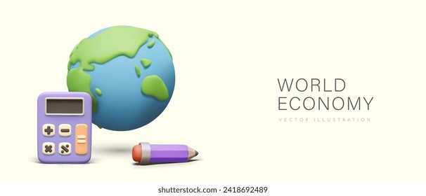 Economía mundial. Globo realista, calculadora, lápiz. Cálculo, educación financiera