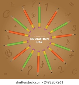 Diseño de Plantilla de póster del Día Mundial de la Educación con Ilustración vectorial de marco redondo de lápices.