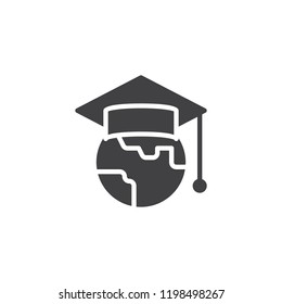 World Education vector icon. filled flat sign for mobile concept and web design. Globe with graduation cap simple solid icon. Symbol, logo illustration. Pixel perfect vector graphics