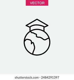 World Education vector icon. Globe with graduation cap vector flat linear illustration for web and app on white background..eps