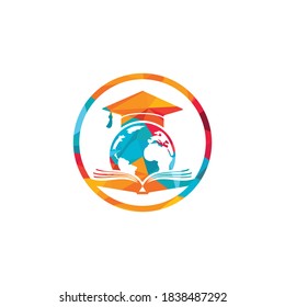 World Education Vector Logo Design. Globe With Gradation Cap And Book Icon Design.