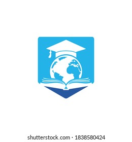 World Education Vector Logo Design. Globe With Gradation Cap And Book Icon Design.