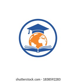 World Education Vector Logo Design. Globe With Gradation Cap And Book Icon Design.