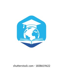 World Education Vector Logo Design. Globe With Gradation Cap And Book Icon Design.