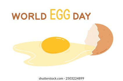 World Egg Day background banner with broken egg. Flat vector illustration on white 