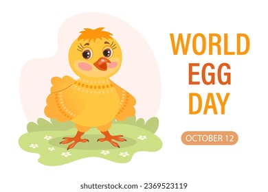 World Egg Day banner, 12 October. Cute cartoon chicken and text. Illustration, vector