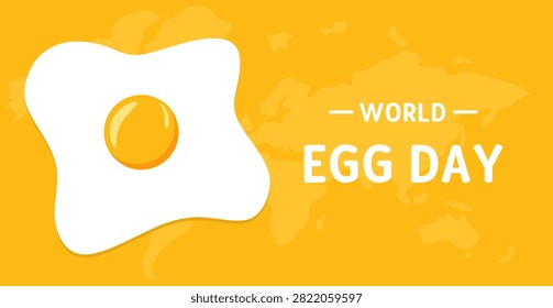 World Egg Day banner or background design template. Celebrated in October. Holiday concept with world map, fresh fried egg, yolk and albumen. Design for advertising, events, card, poster. Vector
