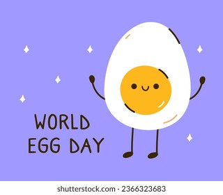 World Egg Day. Banner with a cute egg character on a purple background. Perfect for posters, cards, social media, various designs. October 13th