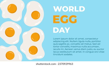 World Egg Day Banner. Different shaped fried eggs on blue background and basic text. Food theme for web banner or leaflet. Vector illustration. 