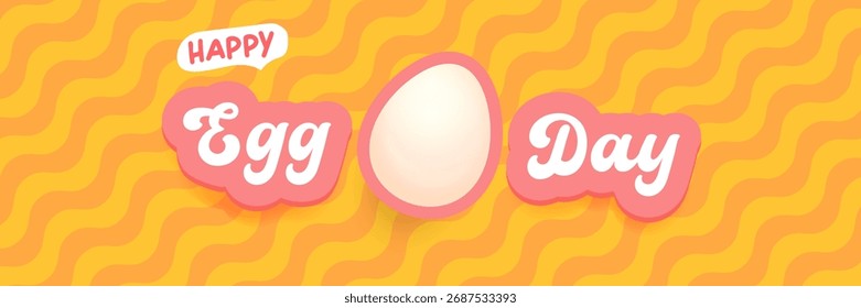 World Egg Day banner with eggs on orange geometric pattern background. International egg day concept horizontal banner poster,flyer, banner design template. Egg food day celebration