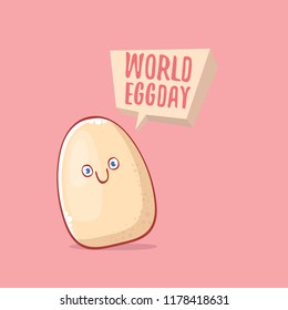world egg day concept illustration with cute white egg cartoon kawaii character isolated on pink background.