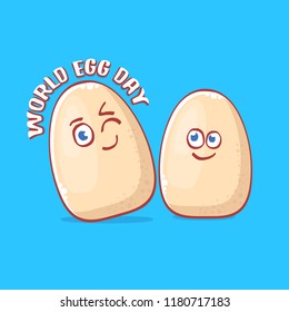 world egg day concept illustration with cute white egg cartoon kawaii character isolated on pink background.