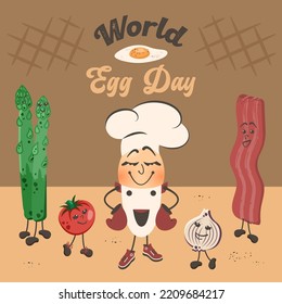 World Egg Day. Cute Funny Egg With Cartoon Comic Vegetables And Bacon. Happy Cartoon Characters Celebrating. Vector Flat Illustration For Poster, Menu, Cafe, Snack Bar, Card,  Holiday Banner