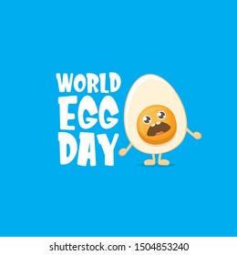 World egg day greeting card with vector funny cartoon cute smiling tiny egg character isolated on blue background. Egg day poster or banner