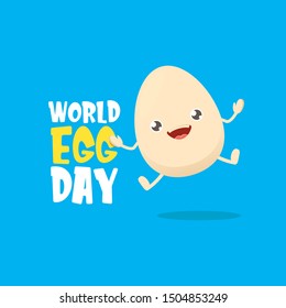 World egg day greeting card with vector funny cartoon cute smiling tiny egg character isolated on blue background. Egg day poster or banner