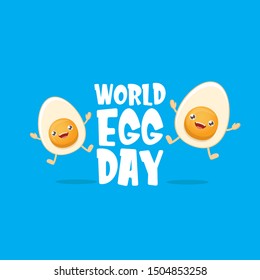 World egg day greeting card with vector funny cartoon cute smiling tiny egg character isolated on blue background. Egg day poster or banner