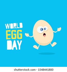 World egg day greeting card with vector funny cartoon cute smiling tiny egg character isolated on blue background. Egg day poster or banner - Vector
