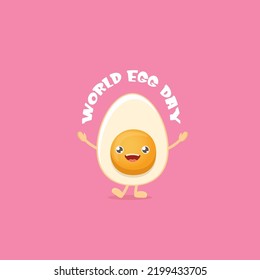 World egg day greeting card with vector funny cartoon cute smiling tiny egg character isolated on pastel pink background. International Egg day funny poster, banner, social media post