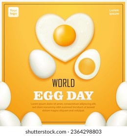 Día Mundial del Huevo. Huevos en forma de corazón, huevos duros y huevos enteros. 3d vector, adecuado para elementos de diseño, publicidad y eventos