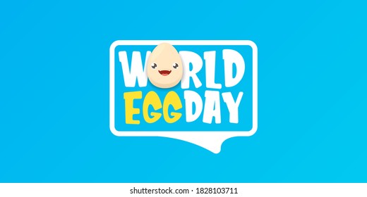 World egg day horizontal banner with vector funny cartoon cute smiling tiny egg character isolated on blue background. Egg day poster or banner