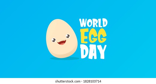 World egg day horizontal banner with vector funny cartoon cute smiling tiny egg character isolated on blue background. Egg day poster or banner