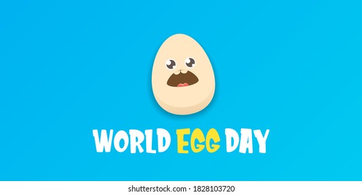 World egg day horizontal banner with vector funny cartoon cute smiling tiny egg character isolated on blue background. Egg day poster or banner