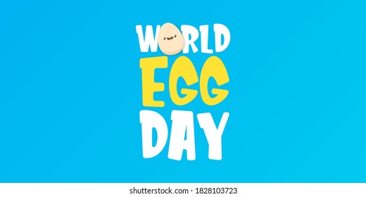 World egg day horizontal banner with vector funny cartoon cute smiling tiny egg character isolated on blue background. Egg day poster or banner