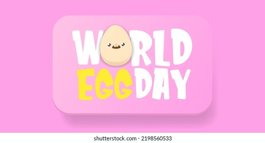 World egg day horizontal banner with vector funny cartoon cute smiling tiny egg character isolated on blue background. Egg day poster or banner