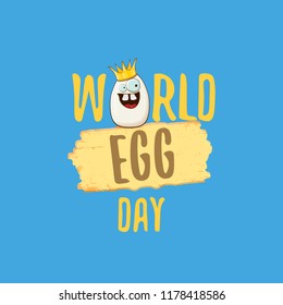 World egg day vector concept illustartion. white egg king cartoon characters with crown isolated on blue background. 
