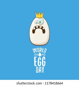 World egg day vector concept illustartion. white egg king cartoon characters with crown isolated on blue background. 
