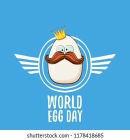 World egg day vector concept illustartion. white egg king cartoon characters with crown isolated on blue background. 