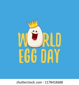 World egg day vector concept illustartion. white egg king cartoon characters with crown isolated on blue background. 
